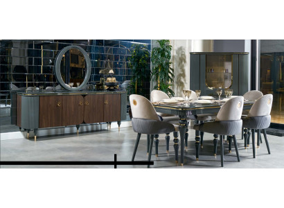 Eetkamer set met dressoir, tafel, 6 stoelen, dressoir, spiegel. Modern en nieuw, set van 10 stuks.