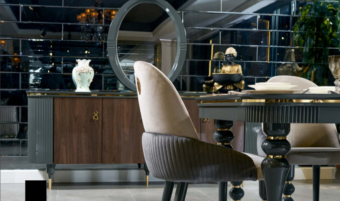 Eetkamer set met dressoir, tafel, 6 stoelen, dressoir, spiegel. Modern en nieuw, set van 10 stuks.