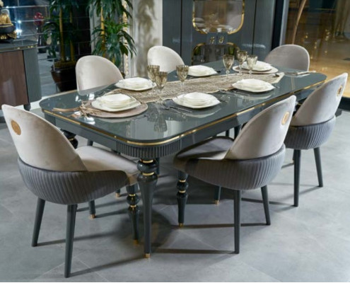 Eetkamer set met dressoir, tafel, 6 stoelen, dressoir, spiegel. Modern en nieuw, set van 10 stuks.