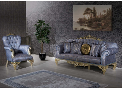 Bankstel 3-zits stof fauteuil bank gestoffeerd meubels 3+1 driezits blauw