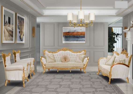 Een luxueuze en ontspannende bank in klassieke stijl met gouden patronen.