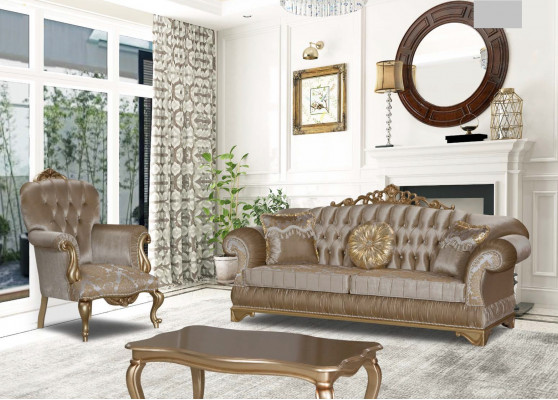 Klassieke fauteuil met beige decor en Chesterfield-ontwerp voor de woonkamer.