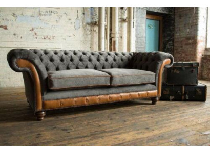 XXL bank 3-zitsbank Chesterfield gestoffeerde zitgroep leder textiel Nieuw Grijs  XXL bank 3-zits Chesterfield gestoffeerde zitgroep leer textiel Nieuw Grijs