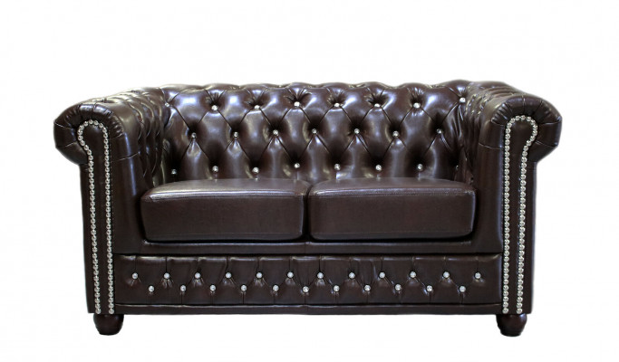 Klassieke Chesterfield tweezitsbank van textiel sofa in bruin ontwerp.