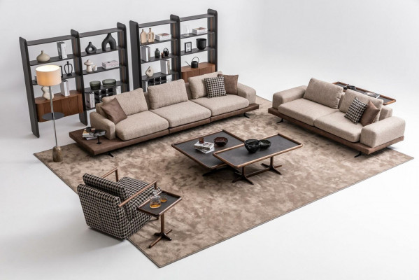 Bruin textiel bankstel woonkamer bank driezits luxe houten meubels