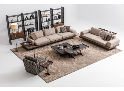 Bruin textiel bankstel woonkamer bank driezits luxe houten meubels