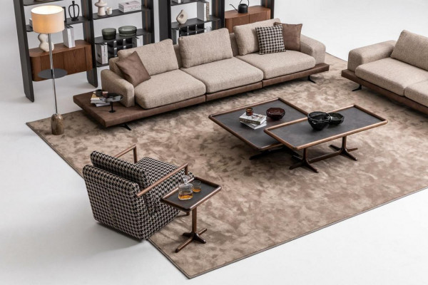 Bruin textiel bankstel woonkamer bank driezits luxe houten meubels