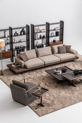 Bruin textiel bankstel woonkamer bank driezits luxe houten meubels