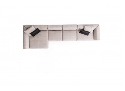 Beige L-vormige hoekbank woonkamer bankstel textiel ontwerper modern