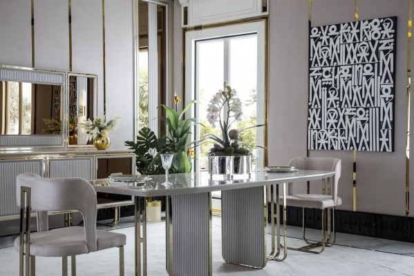 Eetkamer set Beige 2x Stoelen Luxe Eettafel Wit Elegant Metaal 3-delig.