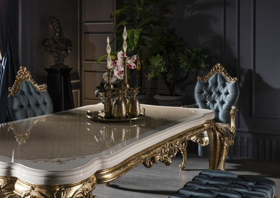 Moderne luxe eettafel, elegante tafel, klassieke eetkamertafels, meubilair goud