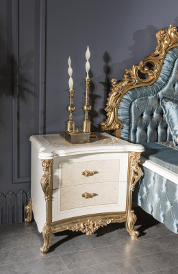 Klassieke Chesterfield Bed Slaapkamer Set Blauw 2x Nachtkastjes Goud 3-delig.