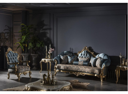 Woonkamerset Blauw Bankstel Fauteuil 2x Bijzettafel Salontafel 5-delig. Woonkamerset Blauw Bank Fauteuil 2x Bijzettafel Salontafel 5-delig.