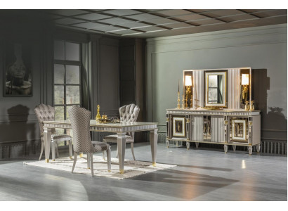 Eetkamer set Grijs 4x Stoelen Eettafel Dressoir Spiegel Elegant Design 7-delig.