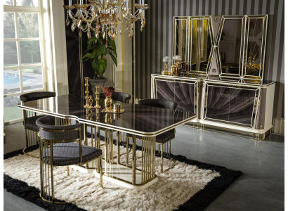 Eetkamer Set Goud 4x Stoelen Eettafel Commode Spiegel Design 7-delig.