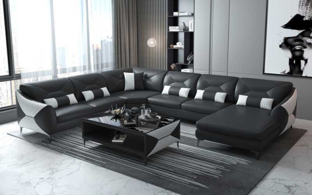 Grote woonlandschap bank U-vorm hoekbank zwart kunstlederen sofa