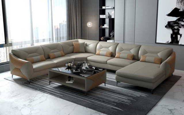 Grote woonlandschap bank U-vorm hoekbank zwart kunstlederen sofa