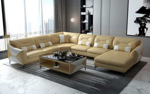 Grote woonlandschap bank U-vorm hoekbank zwart kunstlederen sofa