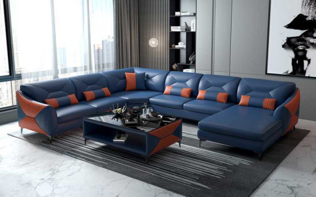 Grote woonlandschap bank U-vorm hoekbank zwart kunstlederen sofa