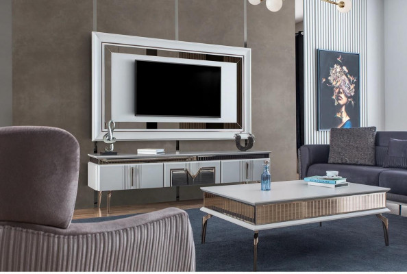 Woonkamer woonkamer grijs meubels dressoir tv wandpaneel paneel 2-delig.