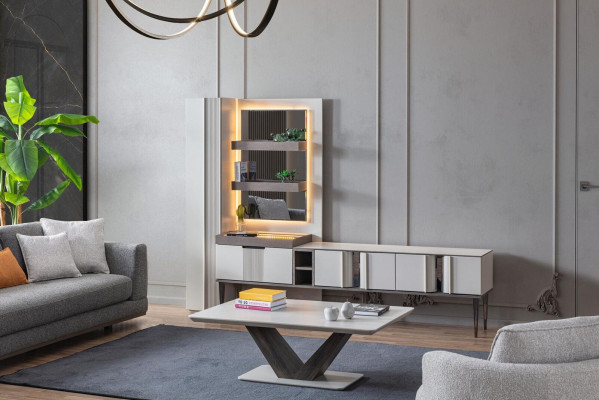 Exclusieve woonkamerwand Witte kleur Designmeubelen voor woonkamer LED-verlichting