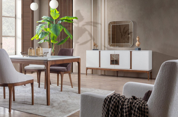 Luxe eetkamerset Eettafel 4x stoelen Dressoir Spiegel 7-delig Modern