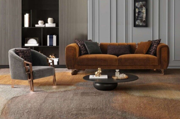 Bankstel driezitter fauteuil bruin stoffen bankstel set complete bankstellen