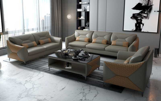 Bankstel Sofa Set Bankstel 3-2-1 Zits Lederen Bankstel Grijs
