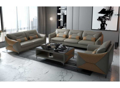 Bankstel Sofa Set Bankstel 3-2-1 Zits Lederen Bankstel Grijs