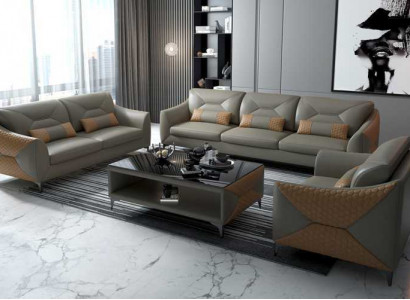 Bankstel Sofa Set Bankstel 3-2-1 Zits Lederen Bankstel Grijs