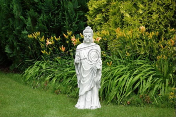 Decoratieve Boeddha sculptuur in steenlook. Grote sculptuur voor in de tuin.
