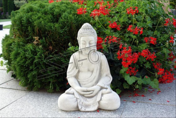 Beeld Boeddha Sculptuur in steenlook. Grote decoratieve sculptuur voor de tuin.