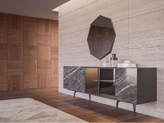 Luxe eetkamer compleet eettafel 4x stoelen inrichting dressoir met spiegel.