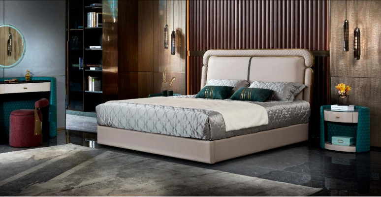 Bed 2x Nightstand Beige Bedroom Modern Design Furniture Wood Luxury