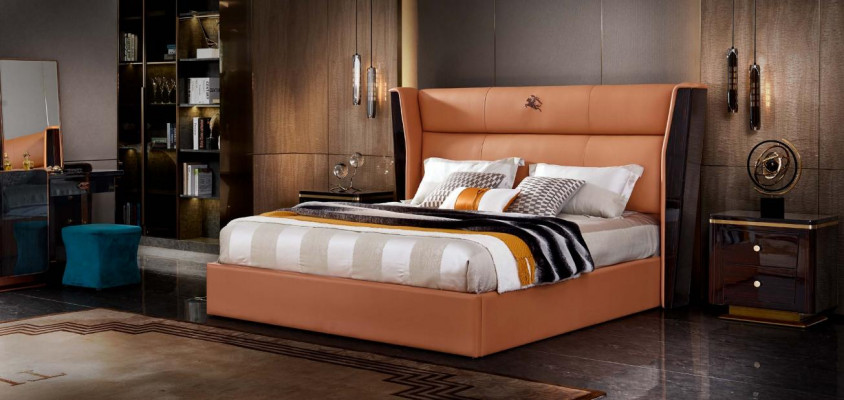 Bed Leer Oranje Slaapkamer Creatieve Moderne Ontwerp Meubels Hout Luxe Bedden