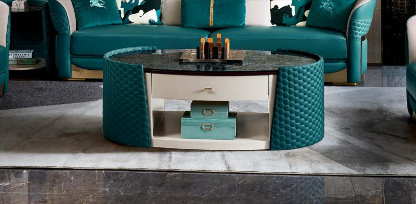 Salontafel Hout Leer Turkoois Ovaal Modern Ontwerp Meubels Luxe Woonkamer 140x83