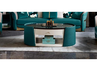 Salontafel Hout Leer Turkoois Ovaal Modern Ontwerp Meubels Luxe Woonkamer 140x83