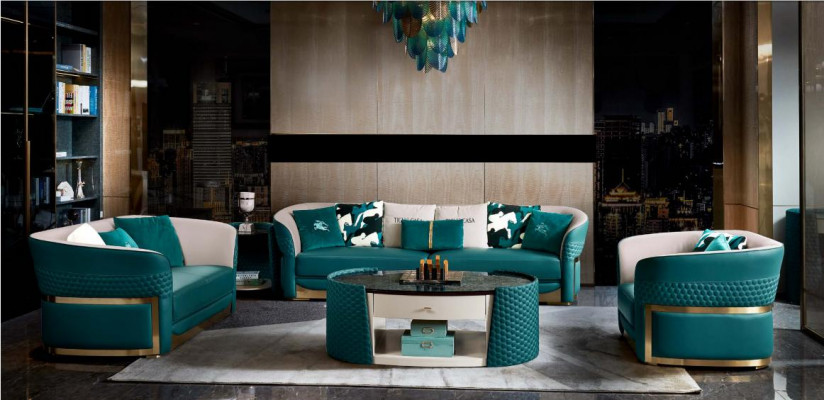 Bankstel 3-zits Turquoise Leder Luxe Modern Design Meubels Italiaans