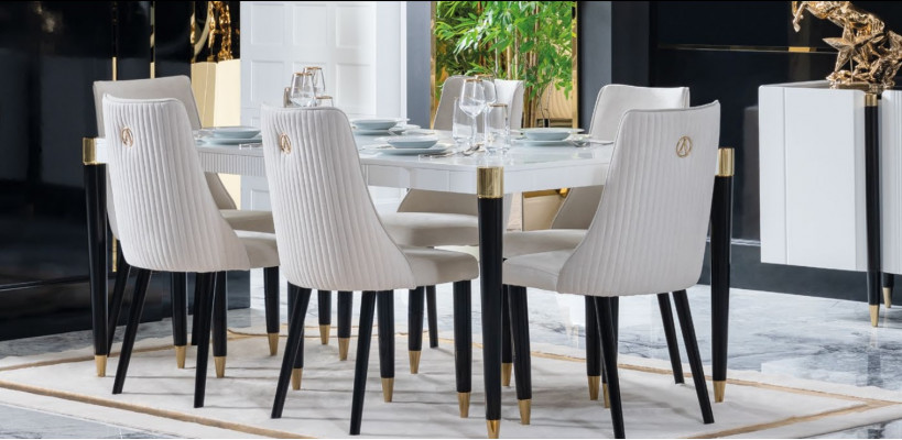 Eetkamerset meubelset compleet design fauteuil 6x stoelen gestoffeerd textiel stof