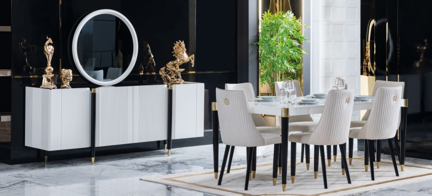 Eettafel 6 stoelen commode spiegel Complete eetkamerset 9-delig Nieuwe set