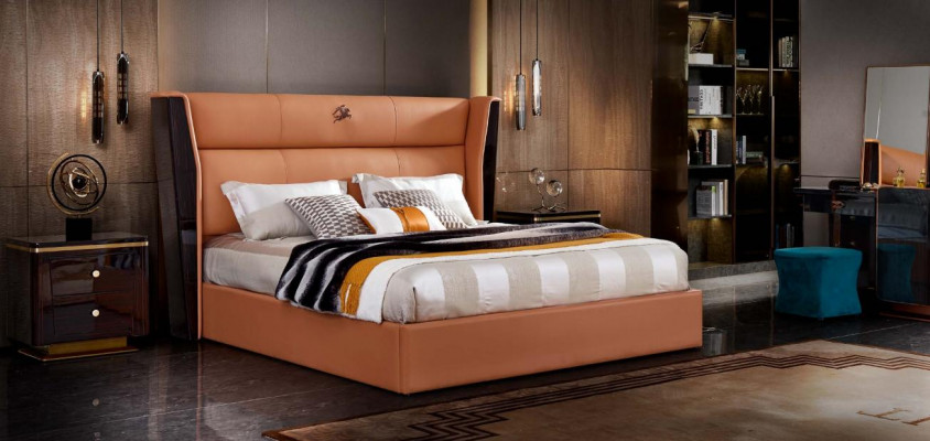 Lederen bed slaapkamer meubel ontwerp groep 3-delige set 2x nachtkastjes.