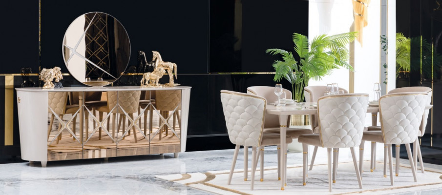 Eetkamer Set Groep Garnituur Tafel nieuw Eettafel 6x Stoelen Dressoir Spiegel 9-delig