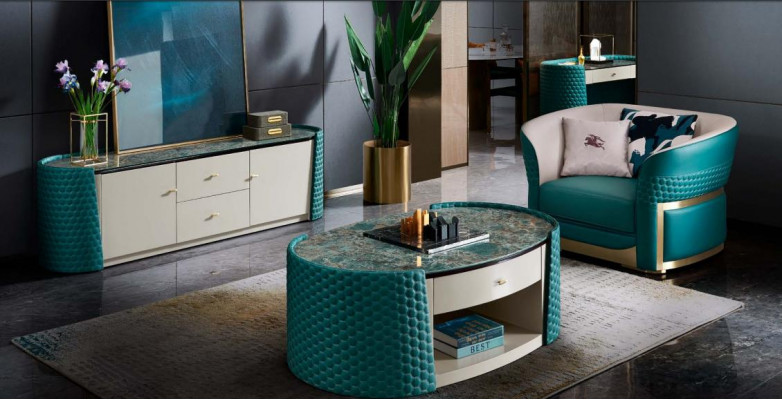 Salontafel Onderkast Hout Leder Turkoois Modern Nieuw 2-delig Designmeubilair
