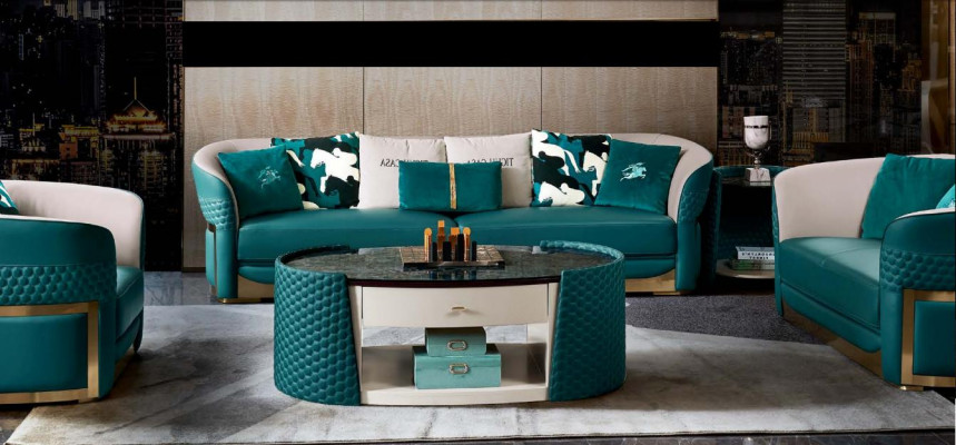 Salontafel Hout Leer Turkoois Ovaal Modern Ontwerp Meubels Luxe Woonkamer 140x83