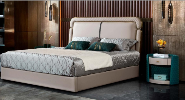 Bed Slaapkamer Beige Tweepersoonsbed Lederen bed Modern Design Meubels Hout