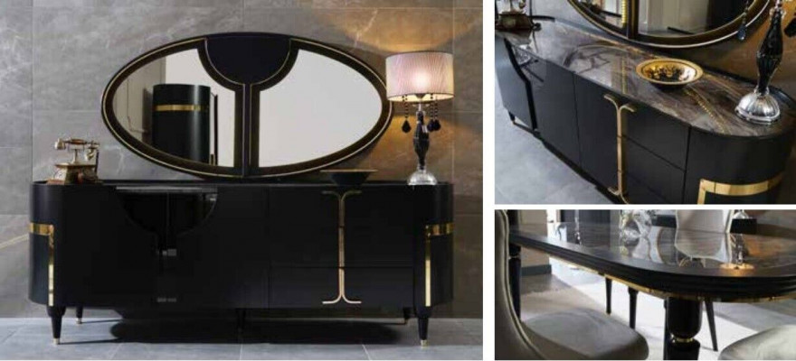 Tafelset garnituur eettafel 4 stoelen luxe stijl meubels stoelgroep commode 8-delig