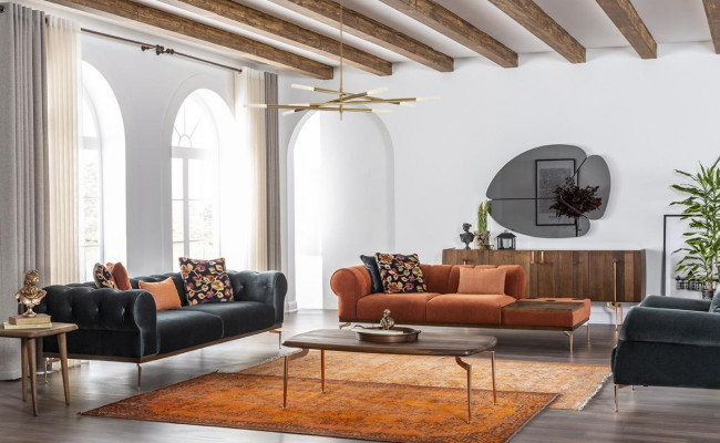 Sofaset 3-zitsbank Bankstel Banken Stof geluidsinstallatie Blauw Oranje Stoel