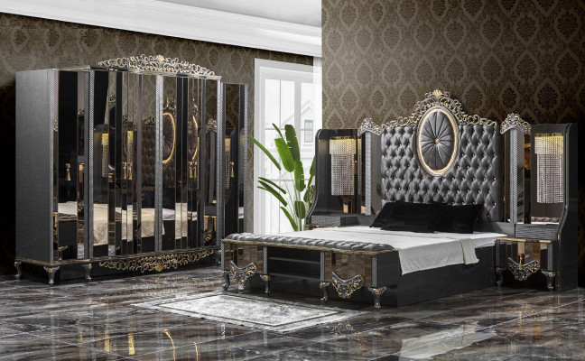 Slaapkamer garnituur dubbel luxe bed klassiek zwart set 3-delig.