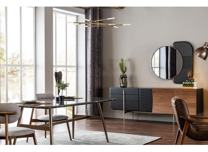 Eettafel Eethoek Eetkamerstoelen Dressoir Set 7-delig Marmer Zwart