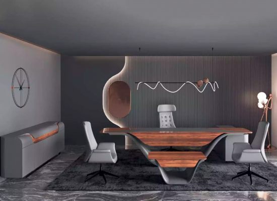 Een luxueuze set voor een hoogwaardig kantoor in futuristische stijl.